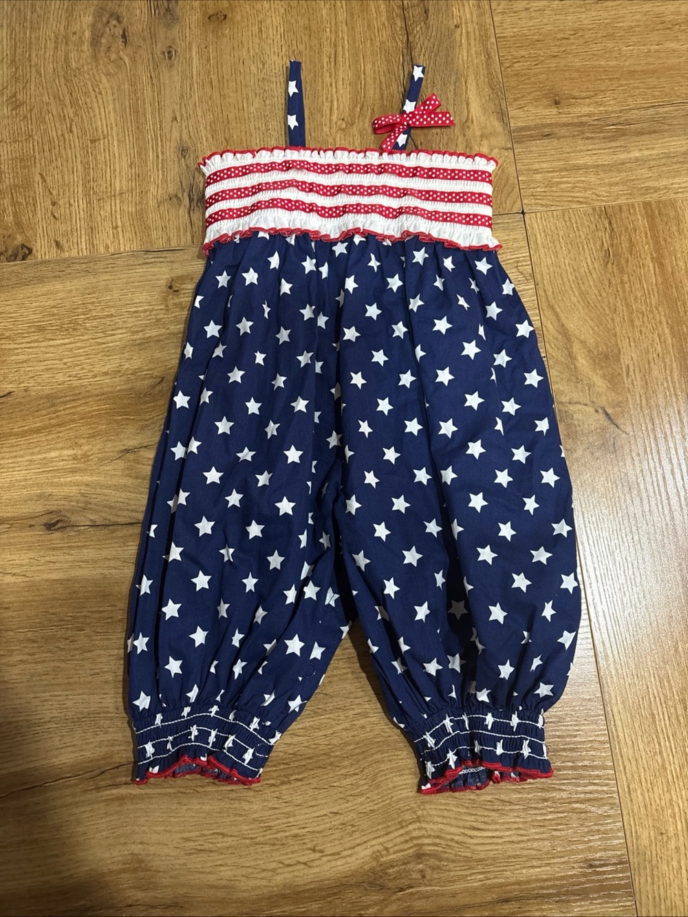 Girls Navy Star-Print Romper with Red Stripe Patriotic one piece
